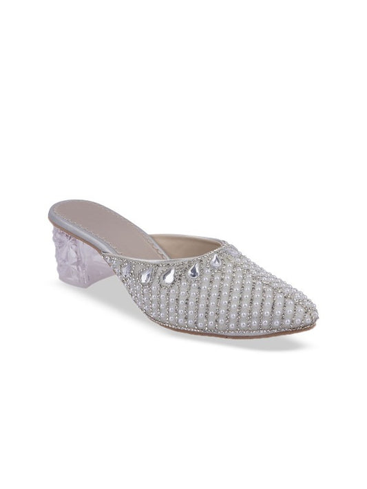 Women’s Embellished Mule Heels – Pearl Crystal Pointed Toe Party Slides