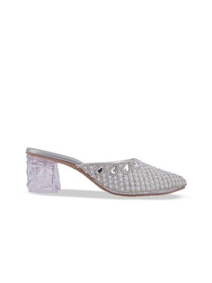 Women’s Embellished Mule Heels – Pearl Crystal Pointed Toe Party Slides