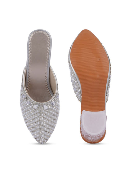 Women’s Embellished Mule Heels – Pearl Crystal Pointed Toe Party Slides
